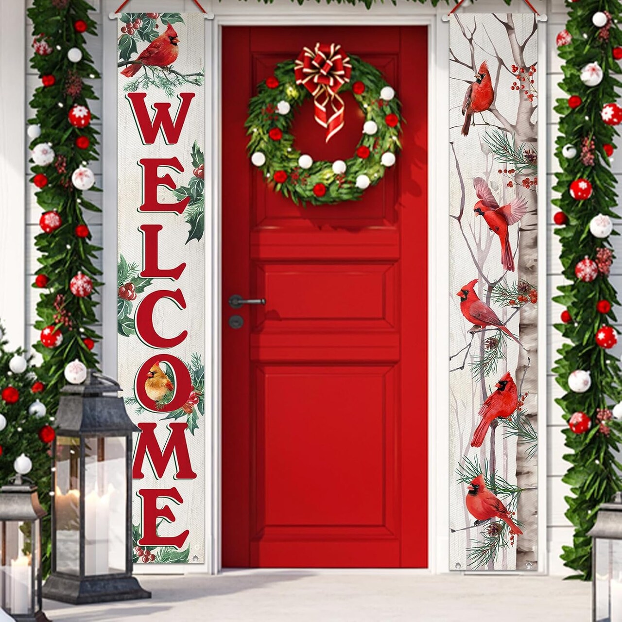 Welcome Christmas Cardinal Porch Banner Sign, Xmas Red Birds White Birch Front Door(Cardinal Bird)72"L x 12"W